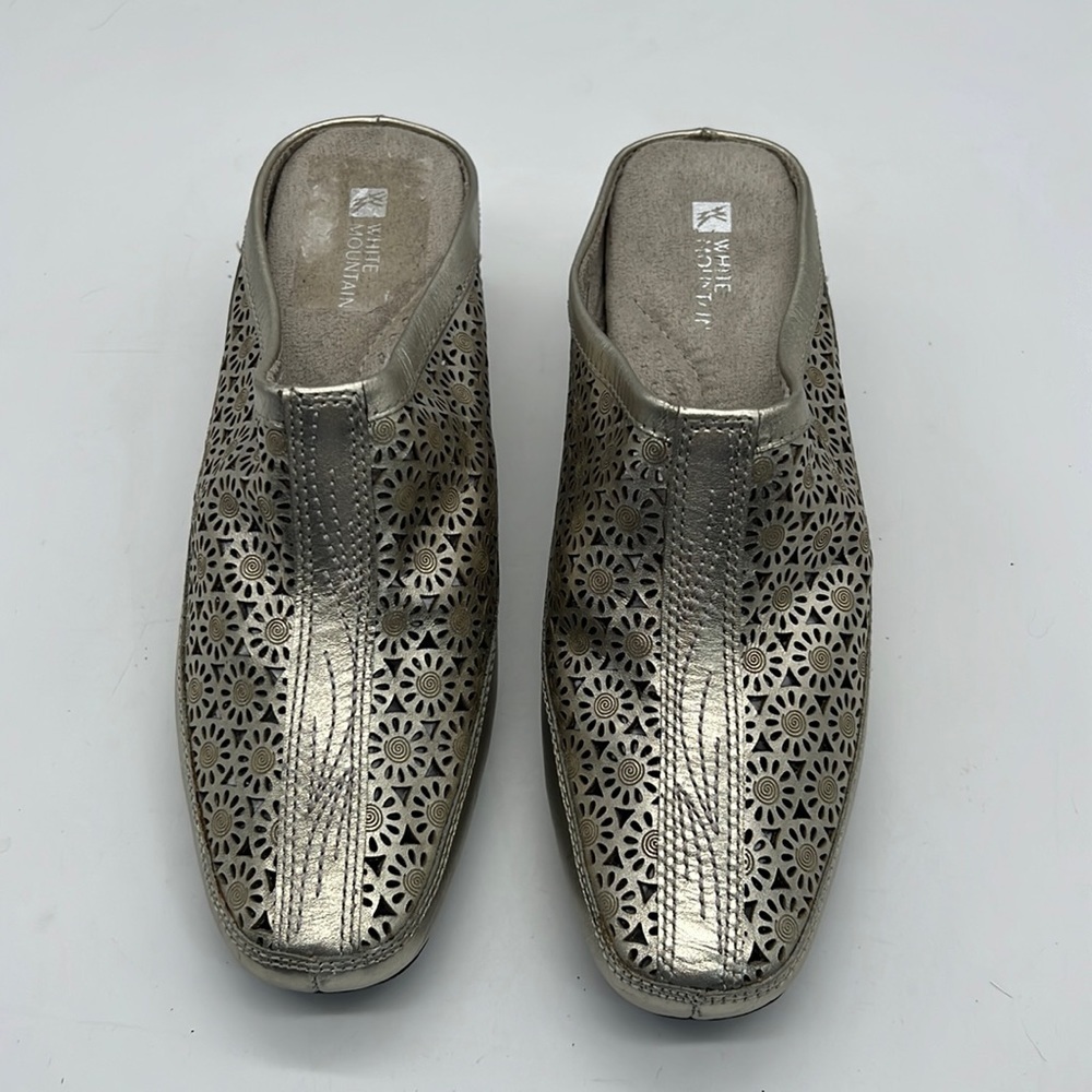White Mountain Gold Leather Clogs with Laser Cut Outs size 7